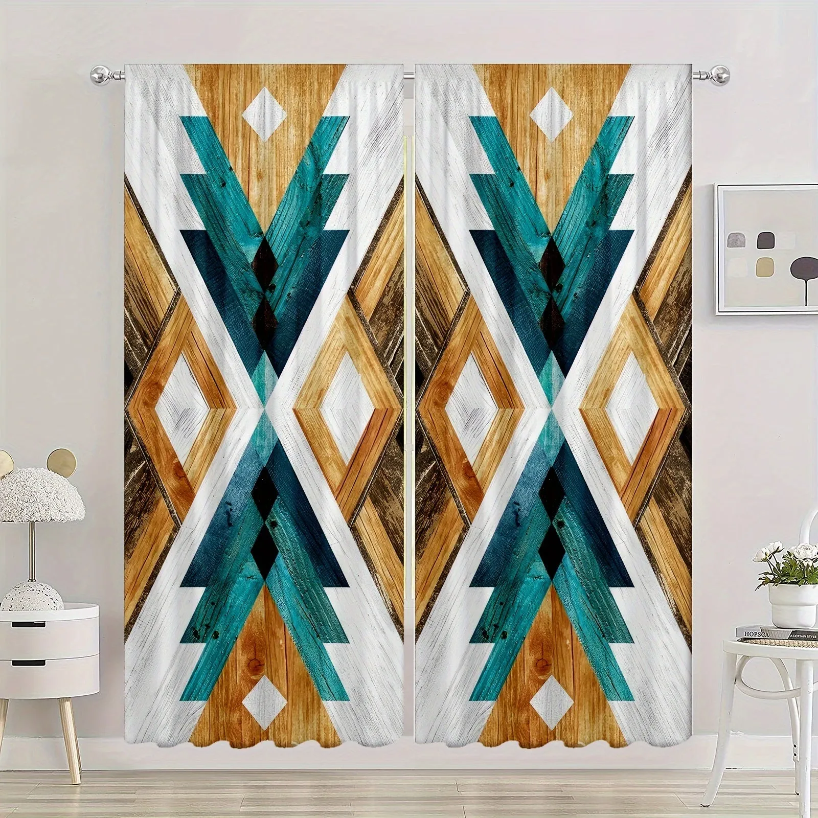 2pcs Southwest HD Digital Printing Curtains Living Room Bedroom Rod Pocket Curtain Style Colorful Geometric Effect Style Bedroom