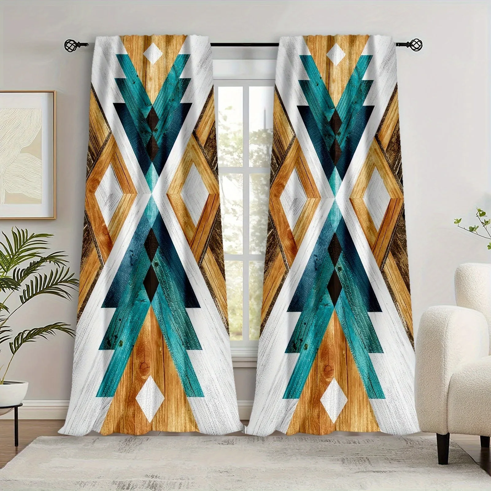 2pcs Southwest HD Digital Printing Curtains Living Room Bedroom Rod Pocket Curtain Style Colorful Geometric Effect Style Bedroom