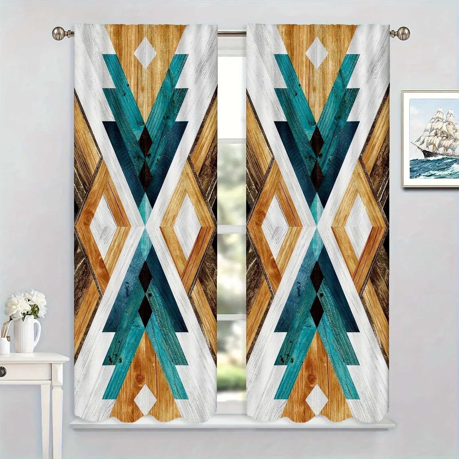 2pcs Southwest HD Digital Printing Curtains Living Room Bedroom Rod Pocket Curtain Style Colorful Geometric Effect Style Bedroom