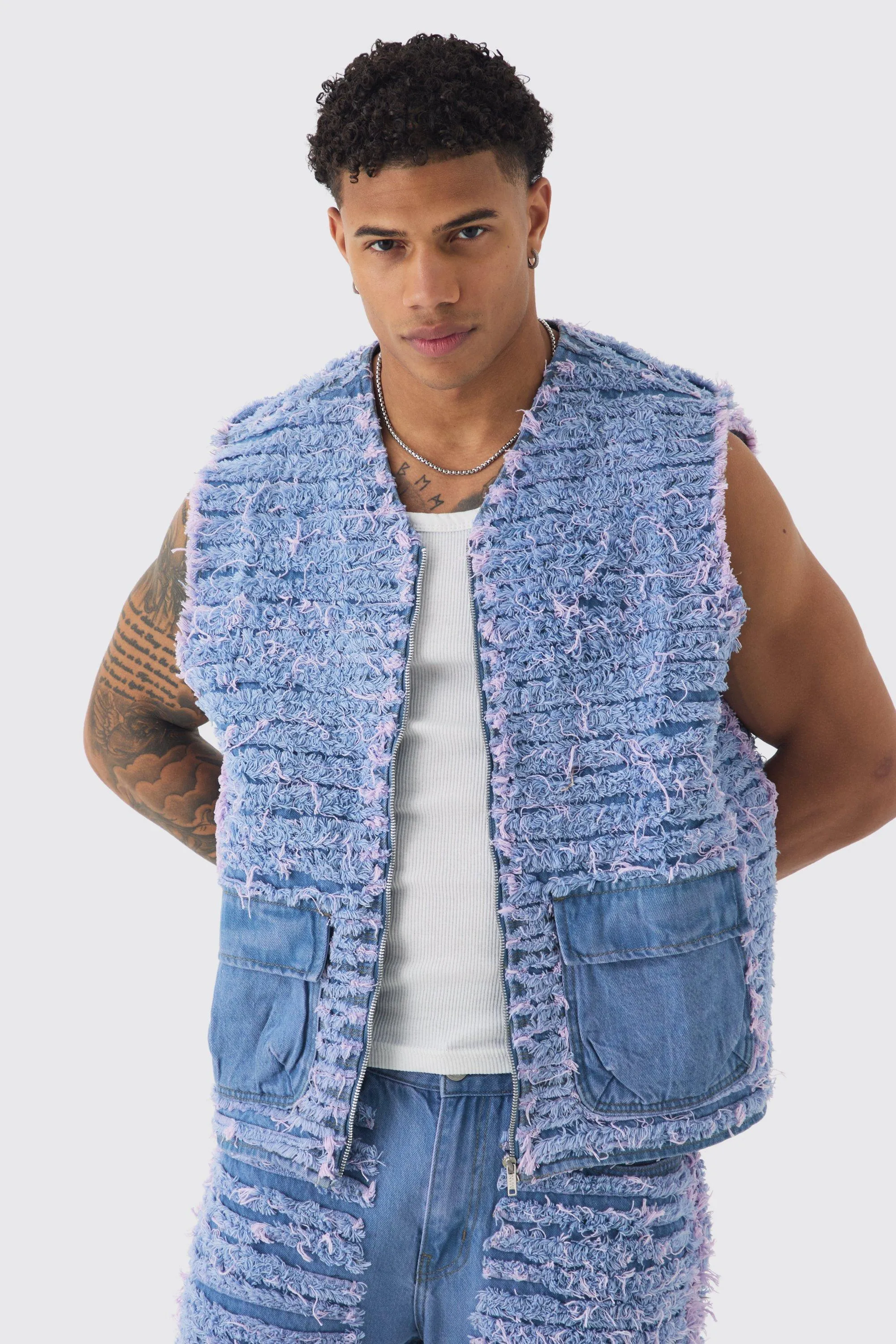 All Over Distressed Denim Utility Vest In Lilac | boohooMAN UK