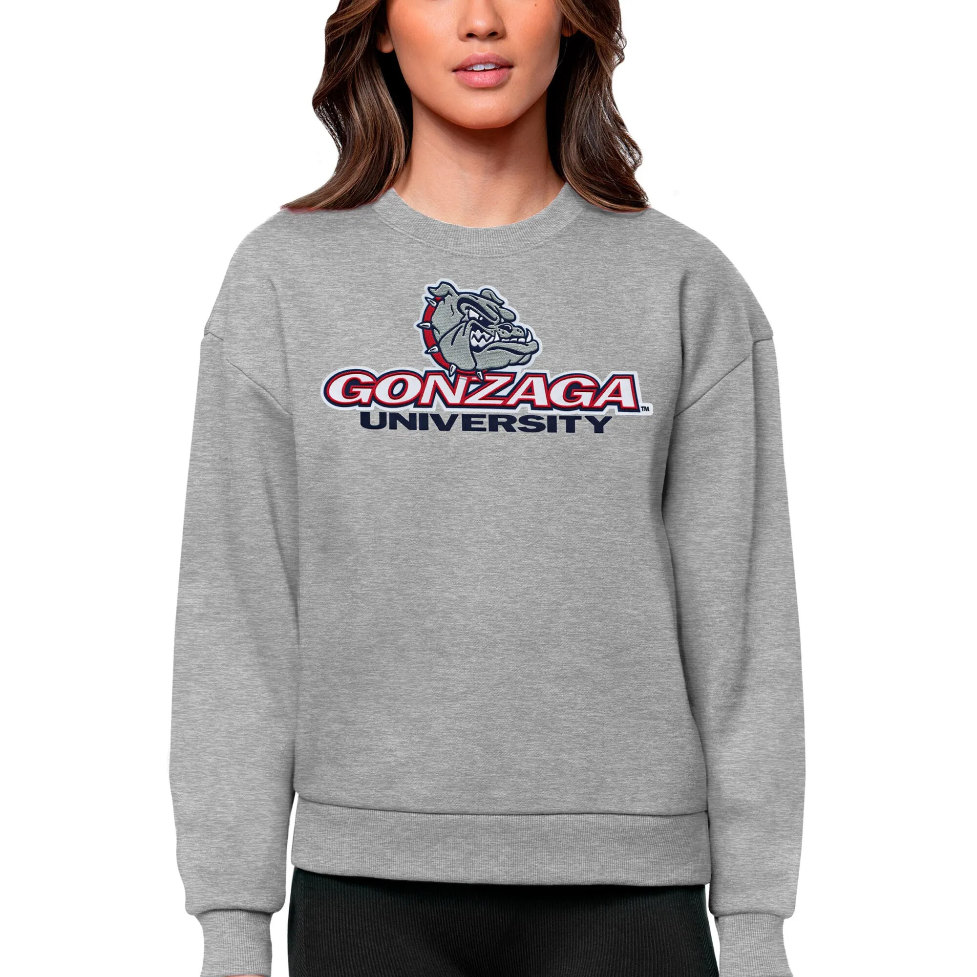 Antigua Gonzaga Bulldogs Women's Heather Gray Victory Crewneck Pullover Sweatshirt