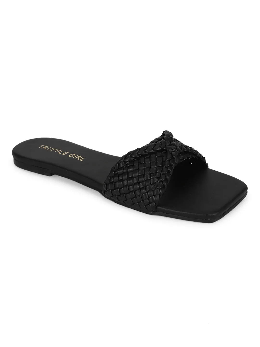 Black PU Braided Strap Slip On Flats (TC-ST-1210-BLK)