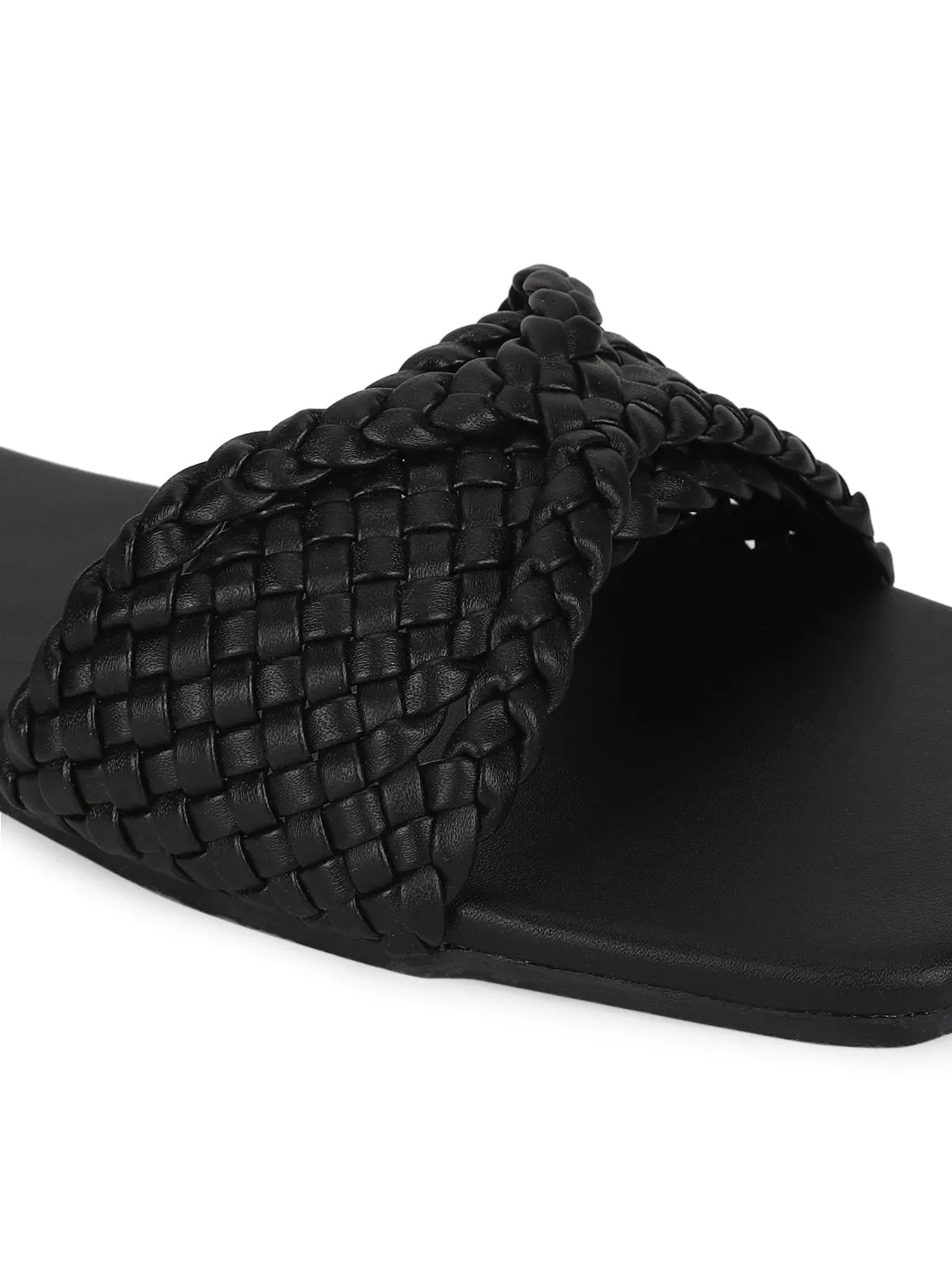 Black PU Braided Strap Slip On Flats (TC-ST-1210-BLK)