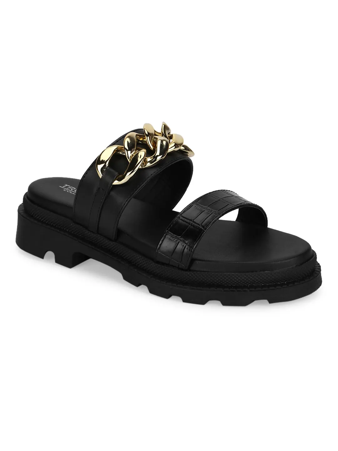 Black PU Chained Platform Flats (TC-ST-1219-BLKPU)