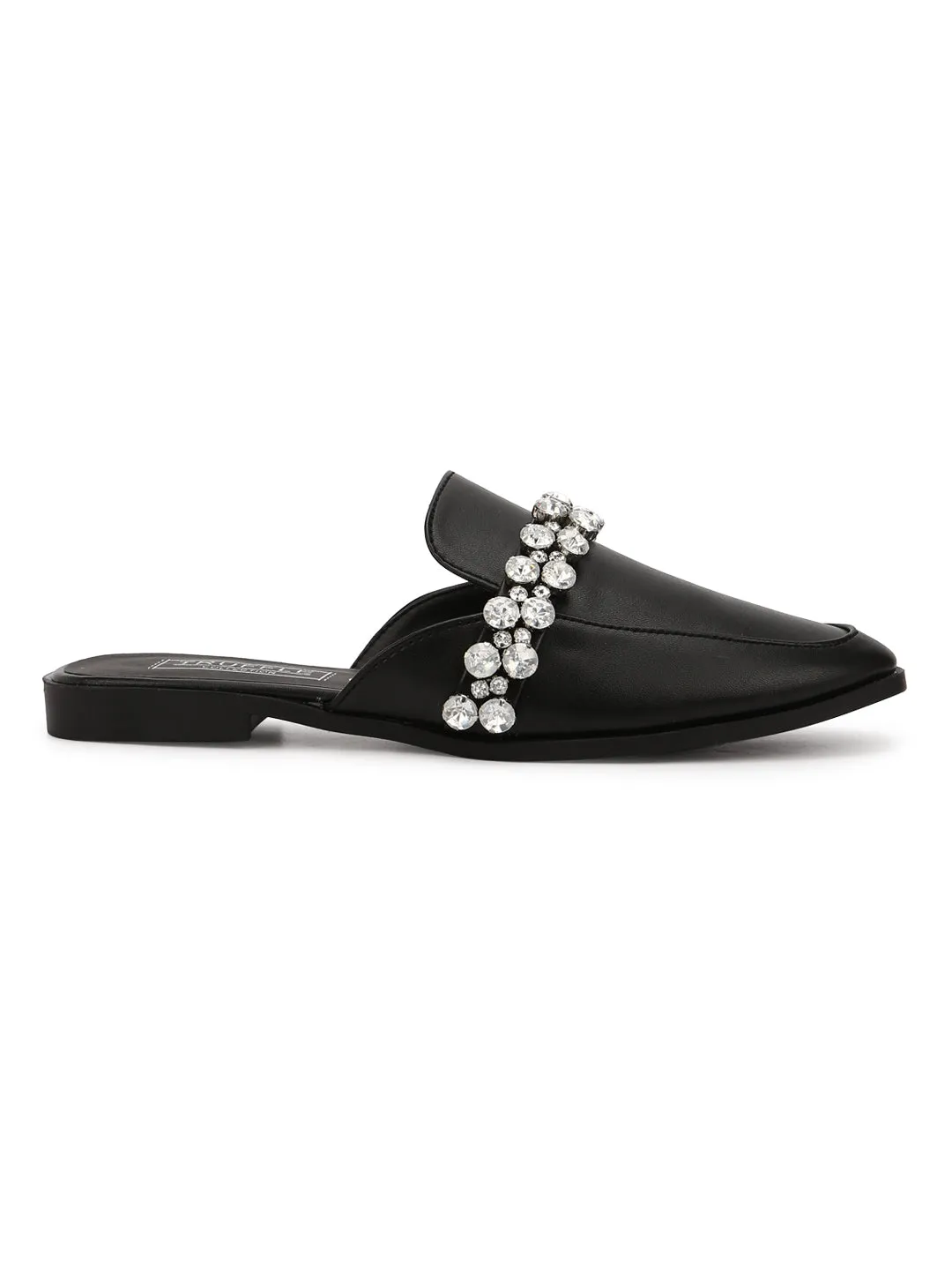 Black PU Diamante Open Back Loafer Flats