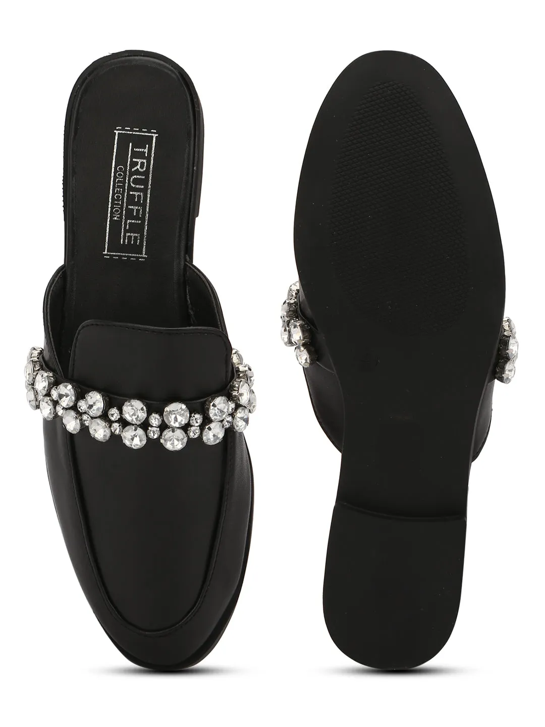 Black PU Diamante Open Back Loafer Flats