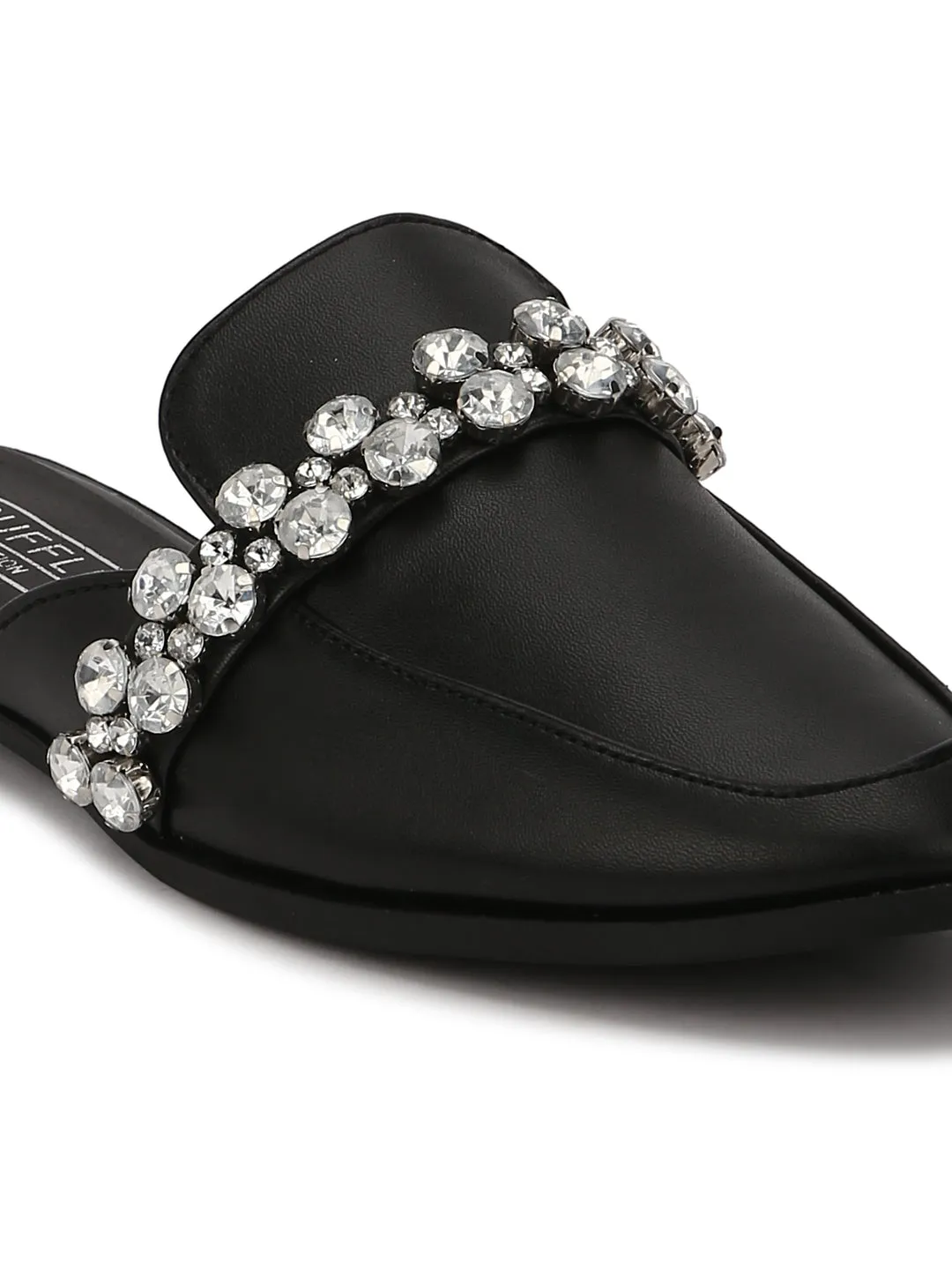 Black PU Diamante Open Back Loafer Flats