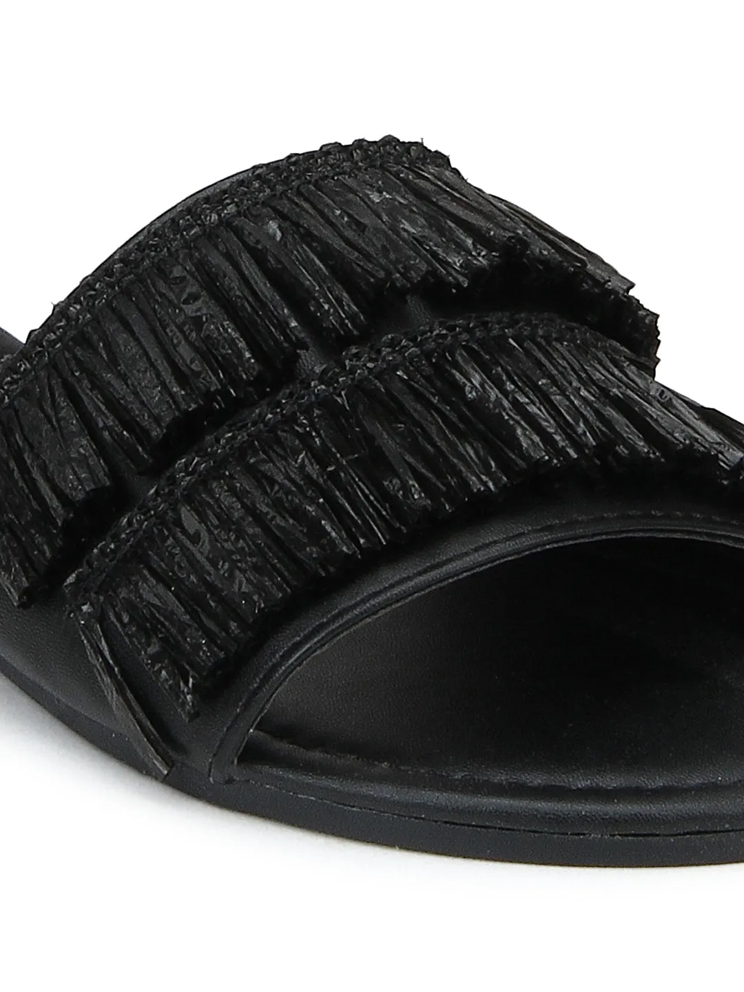 Black PU Frilled Slip-On Flats