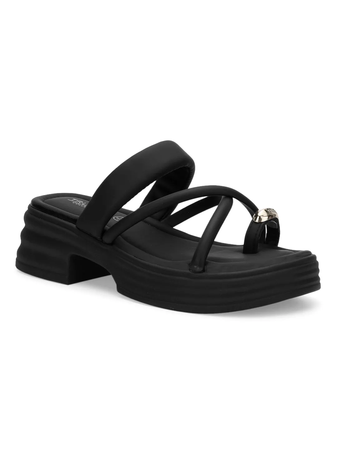 Black PU Gold Toe Ring Slip-On Flats (TC-RS3597-BLK)