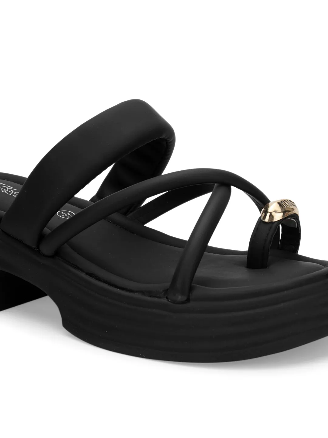 Black PU Gold Toe Ring Slip-On Flats (TC-RS3597-BLK)