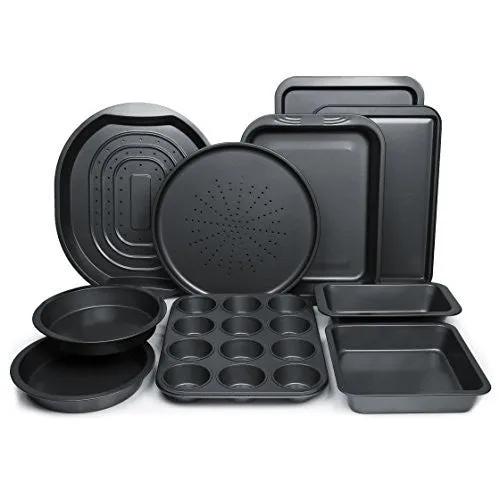 ChefLand 10-Piece Non-Stick Bakeware Set, Oven Crisper, Pizza Tray, Roasting, Loaf, Muffin, Square, 2 Round Cake Baking Pans, La