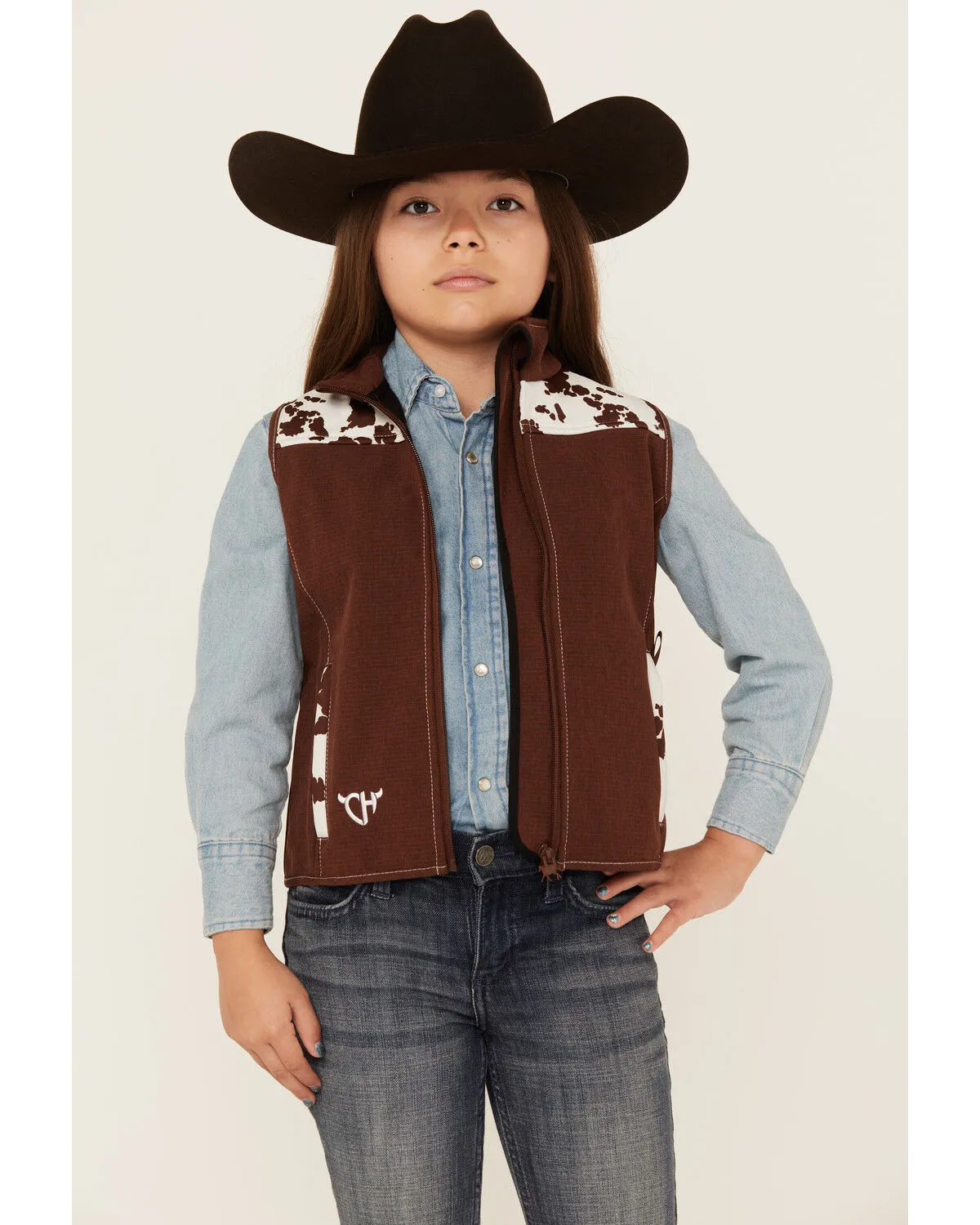 Cowgirl Hardware Girls' Cow Print Yoke Poly Shell Vest