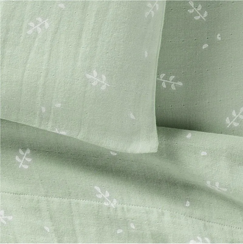 Crate&Barrel Supersoft Muted Teal Leaf Print Organic Cotton Gauze Toddler Sheet Set