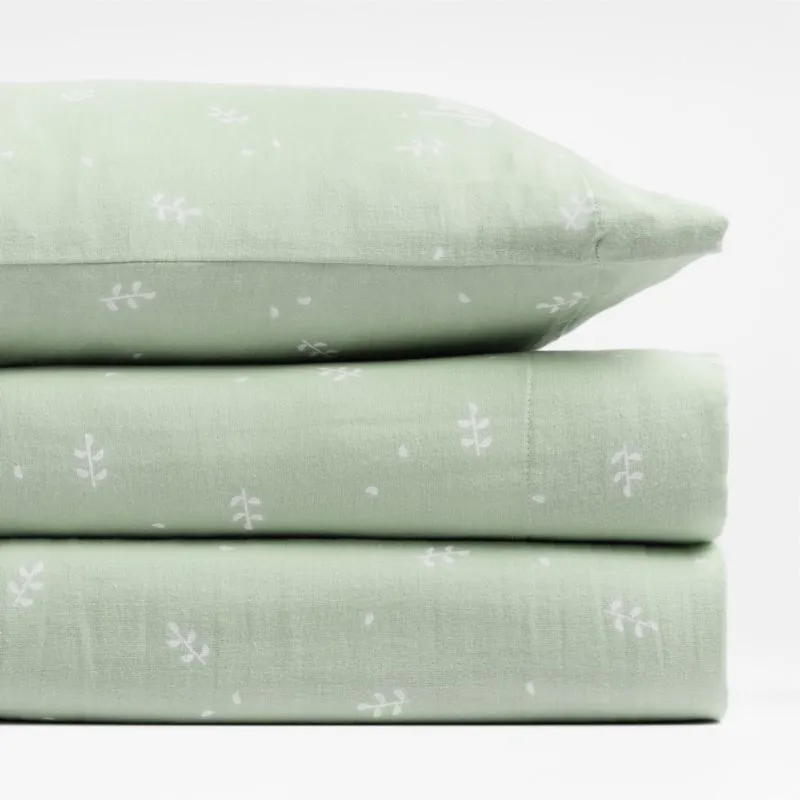 Crate&Barrel Supersoft Muted Teal Leaf Print Organic Cotton Gauze Toddler Sheet Set