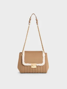 Donna Faux Suede Fur-Trim Shoulder Bag - Tan