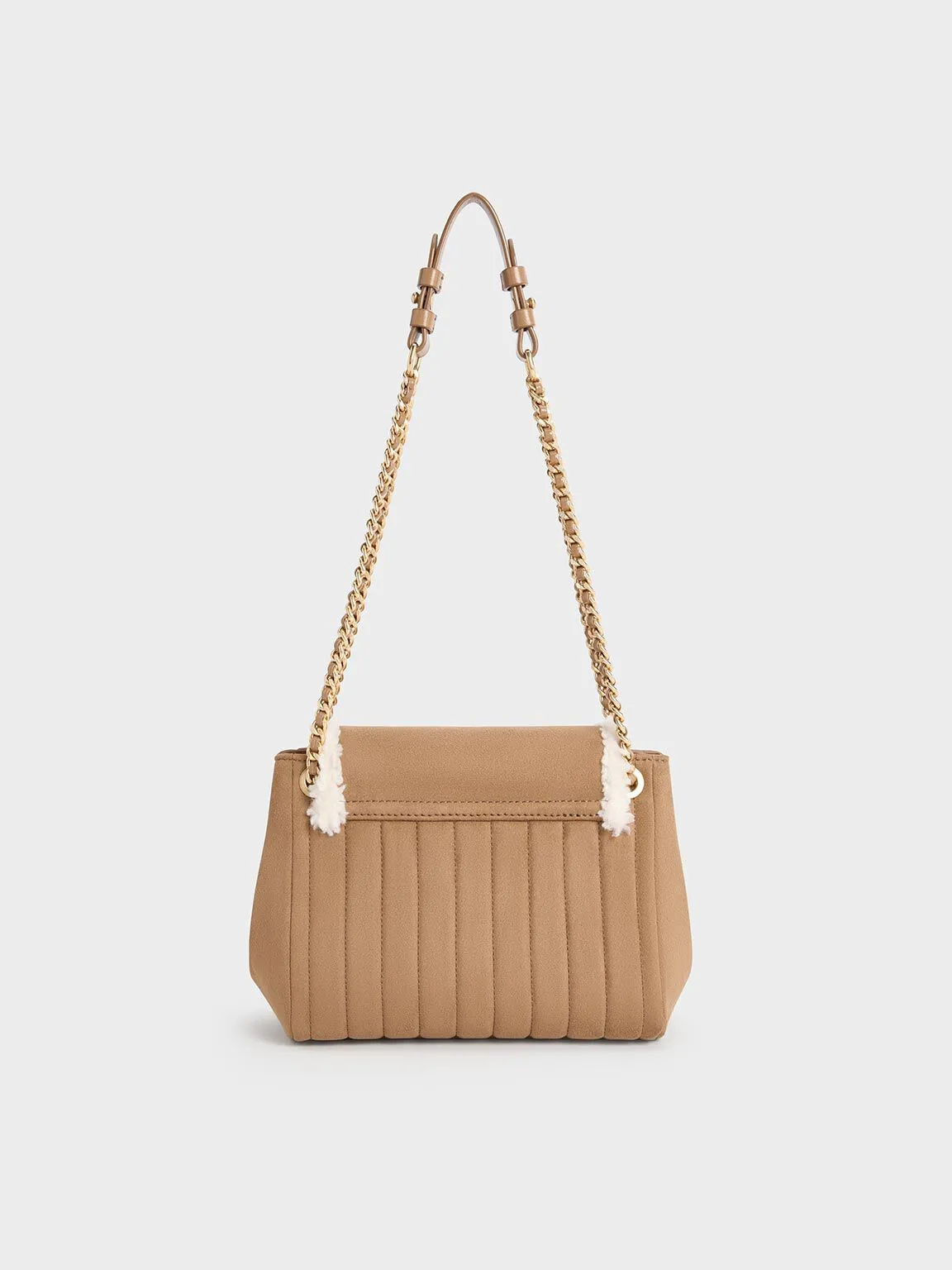 Donna Faux Suede Fur-Trim Shoulder Bag - Tan