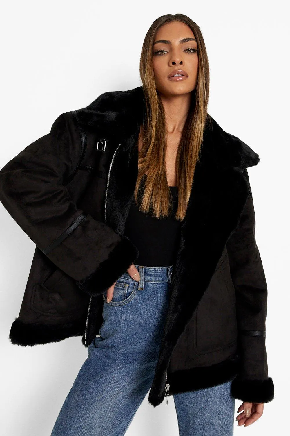 Faux Fur Trim Hooded Aviator Jacket