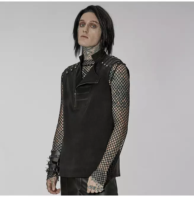 Gothic Men's Black Asymmetrical Zipper Stand Collar Vest