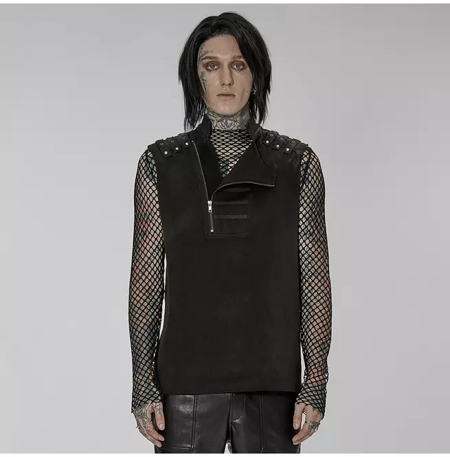 Gothic Men's Black Asymmetrical Zipper Stand Collar Vest