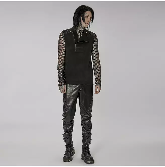 Gothic Men's Black Asymmetrical Zipper Stand Collar Vest