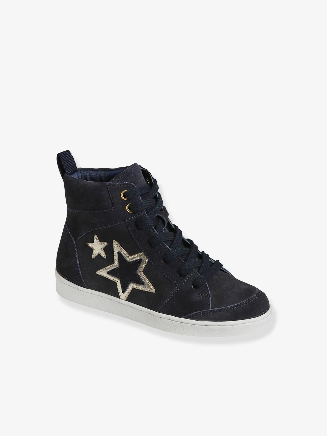 High-Top Leather Trainers with Laces & Zips for Girls - blue dark solid with design