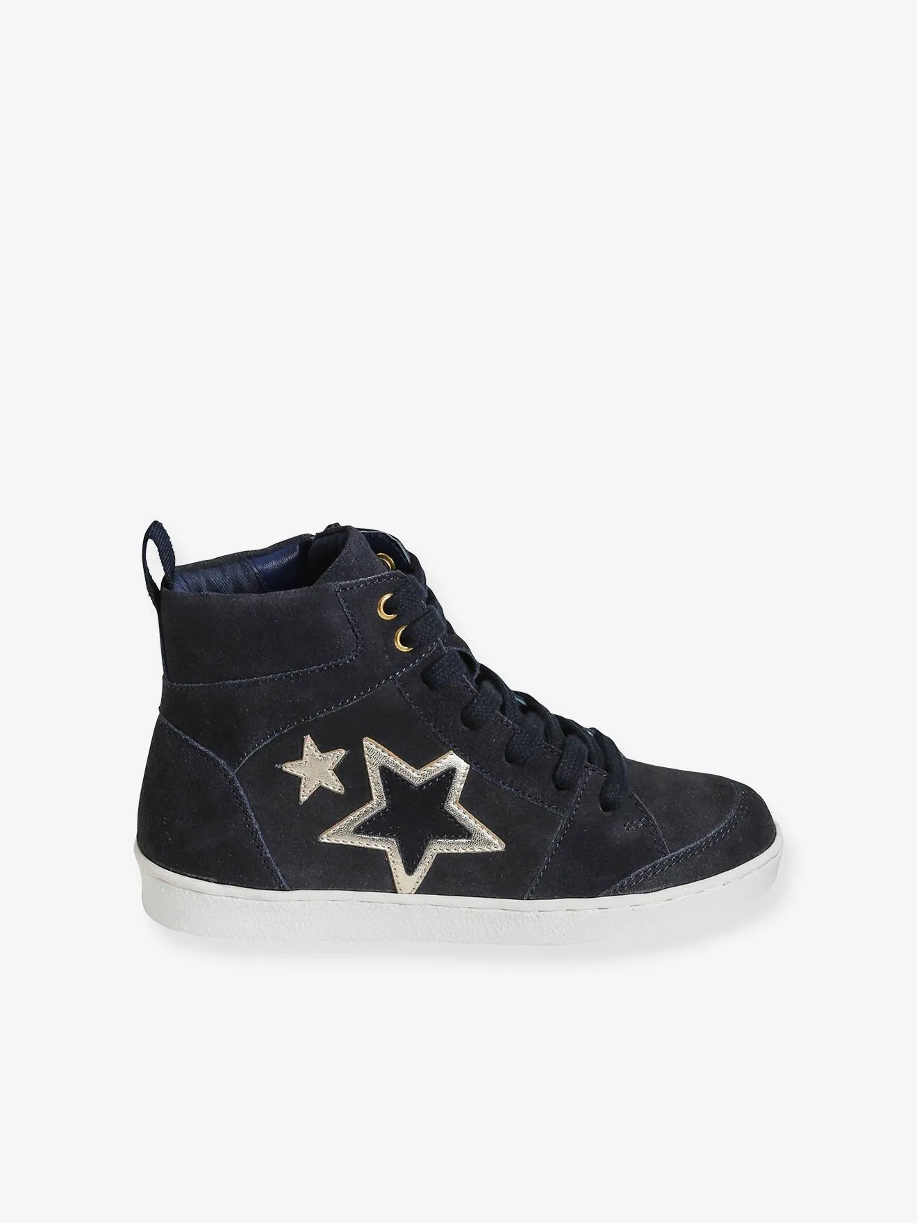 High-Top Leather Trainers with Laces & Zips for Girls - blue dark solid with design