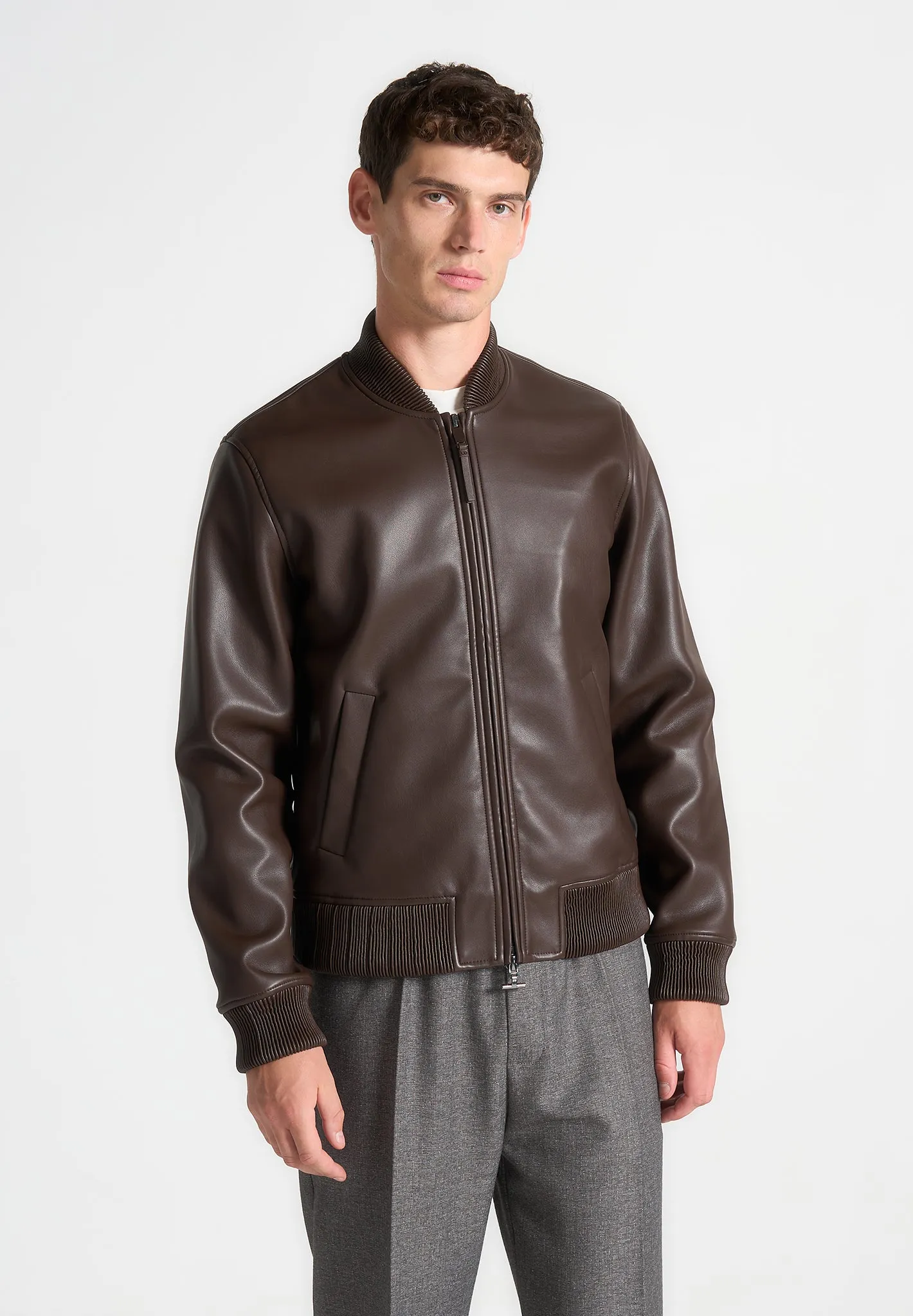 Leather Bomber Jacket - Brown