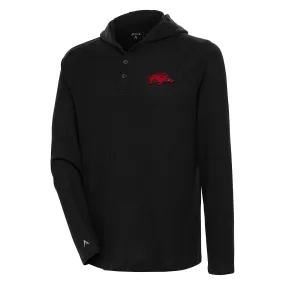 Men's Antigua Black Arkansas Razorbacks Strong Hold Long Sleeve Henley Hoodie T-Shirt