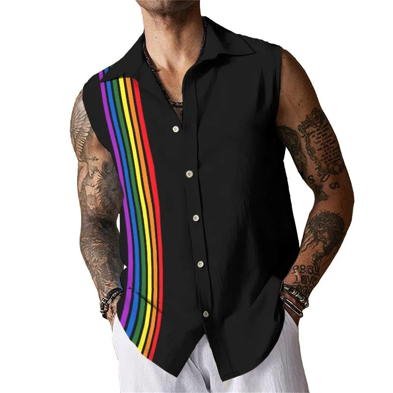 Men's Casual Rainbow Color Block Sleeveless Shirt Tank Top 38589516TO