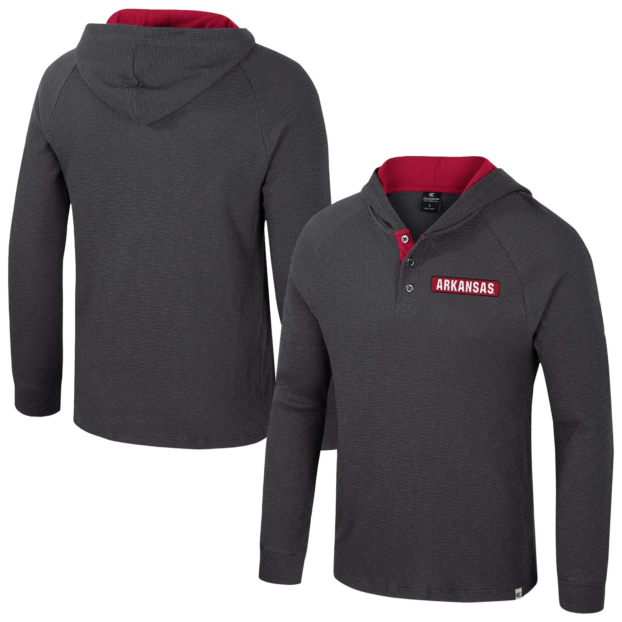 Men's Colosseum  Charcoal Arkansas Razorbacks Dujour Ralgan Long Sleeve Henley Hoodie T-Shirt