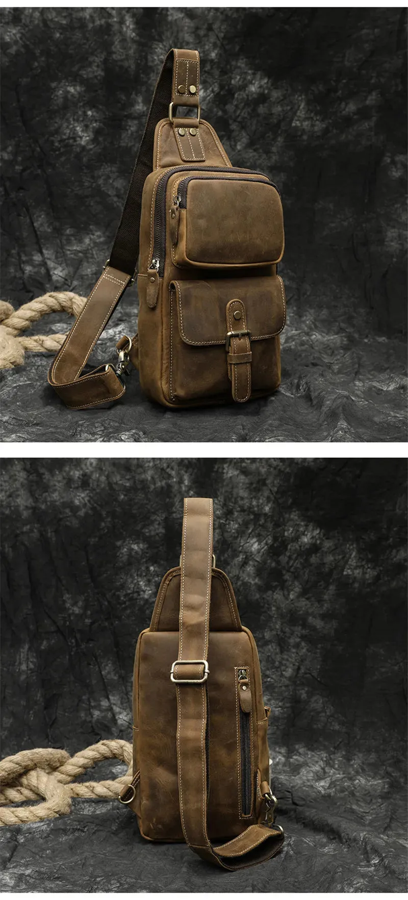 Men's Vintage Fashion Multi-pocket Genuine Leather Outdoor Travel Chest Bag