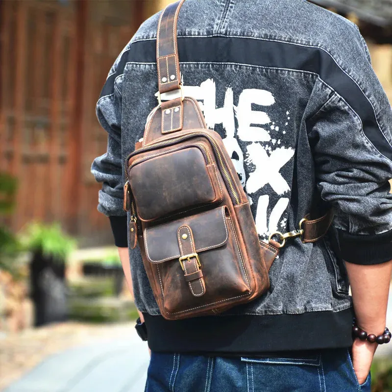 Men's Vintage Fashion Multi-pocket Genuine Leather Outdoor Travel Chest Bag