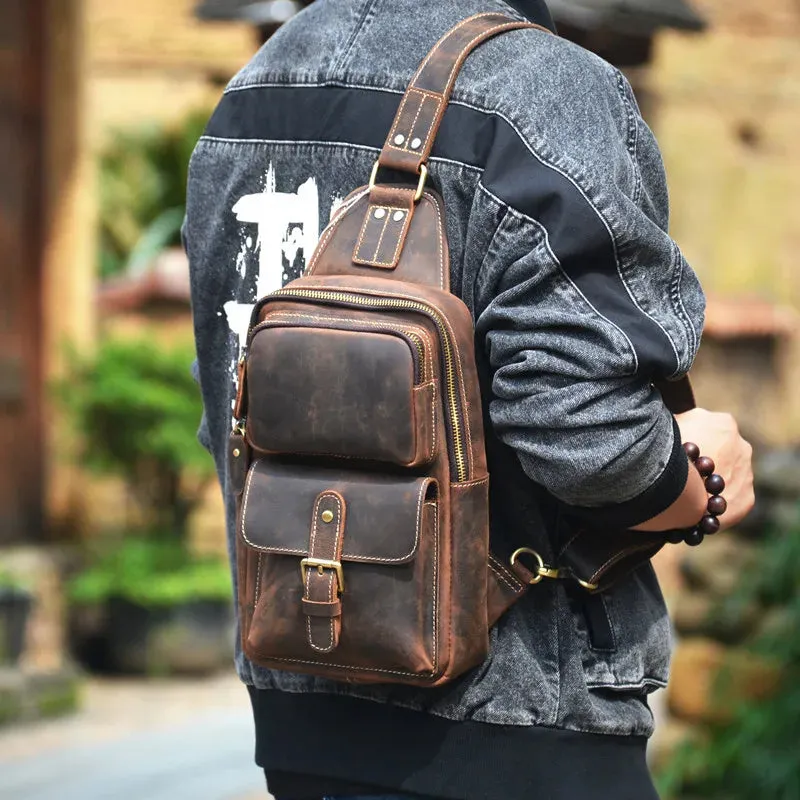 Men's Vintage Fashion Multi-pocket Genuine Leather Outdoor Travel Chest Bag