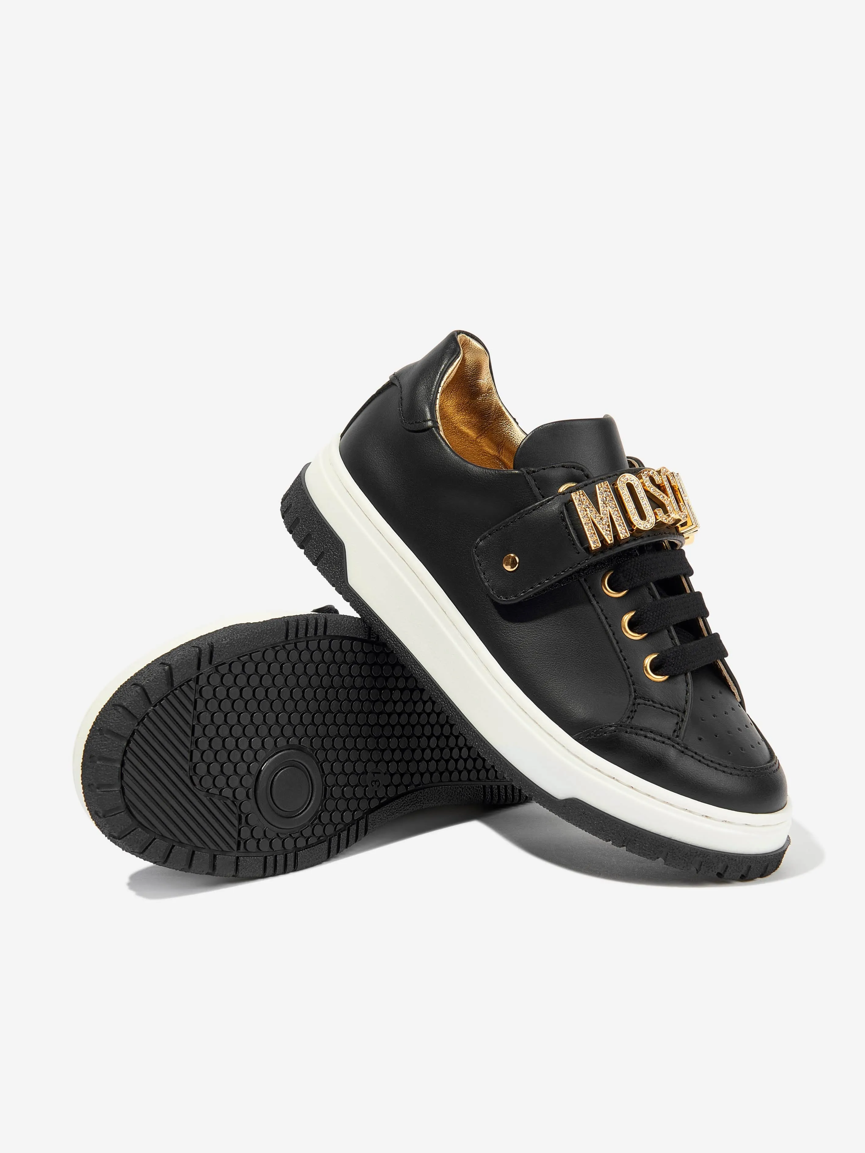 Moschino Girls Leather Logo Trainers in Black