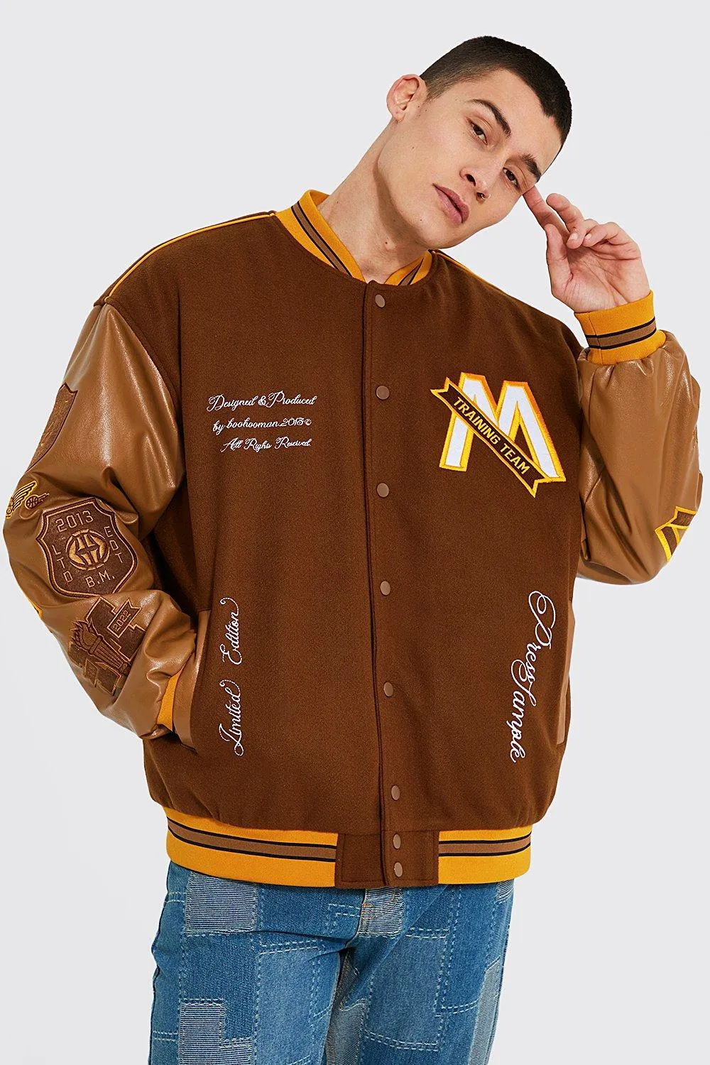 Oversized M Varsity Jacket With Back Piping Detail | boohooMAN UK