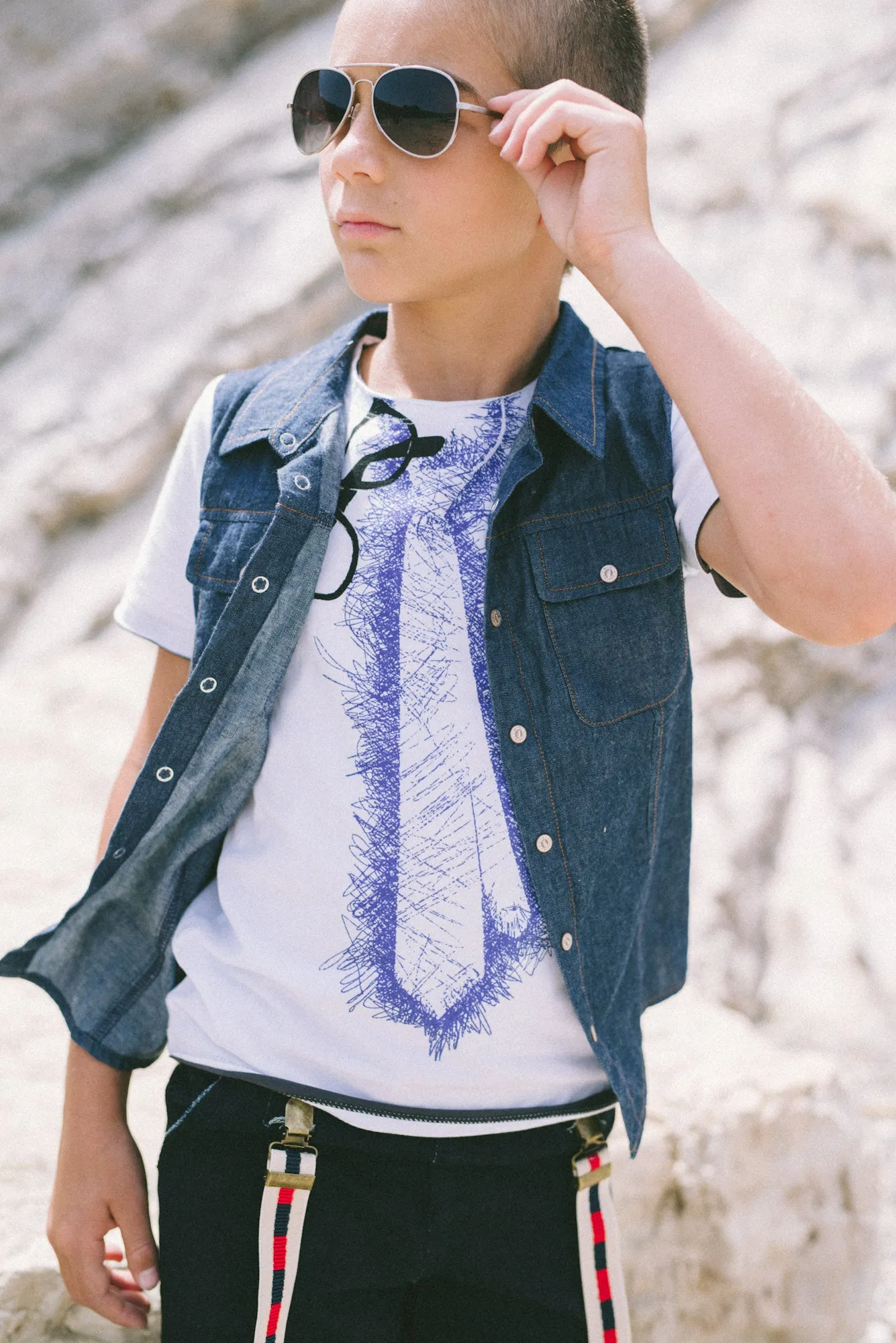 Real Denim Vest Scribble Tie T-Shirt by: Mini Shatsu