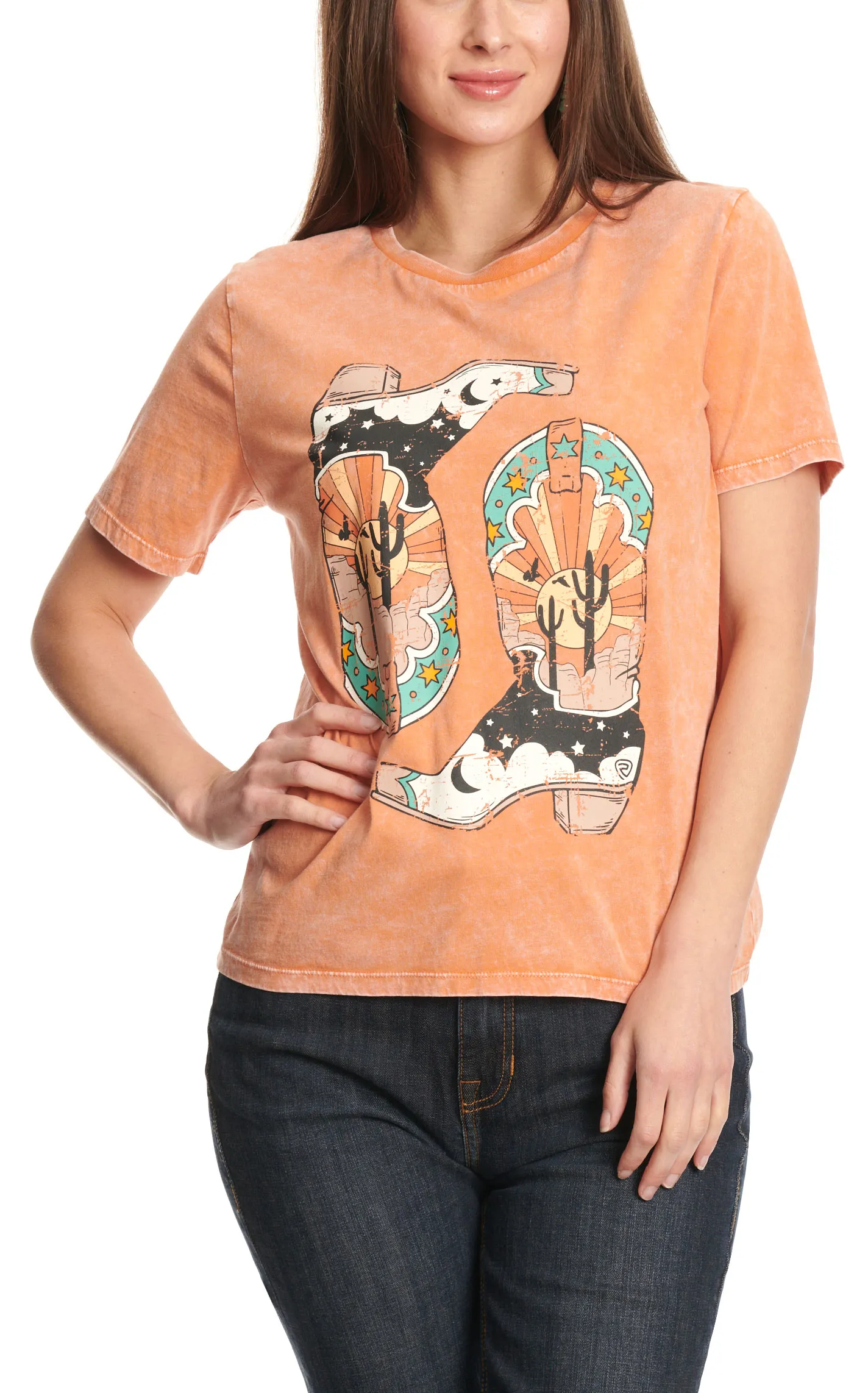 Rock & Roll Denim Women's Washed Orange Boot Graphic T-Shirt 