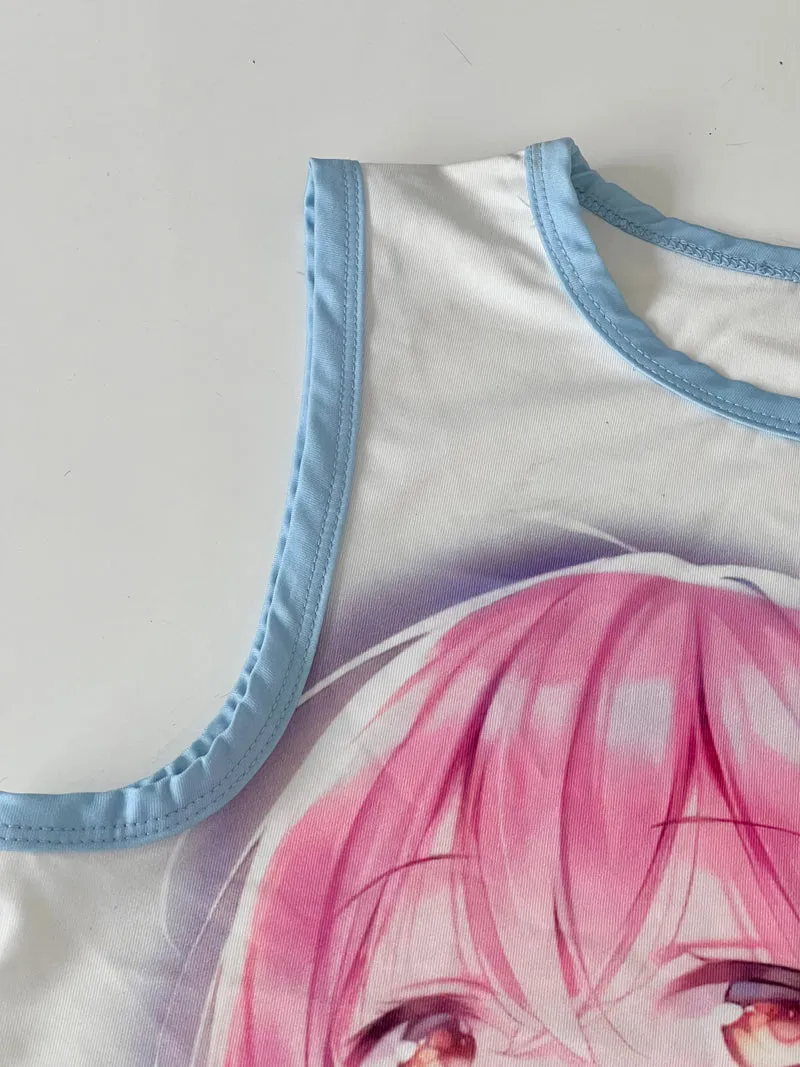 Sakura Otaku Pink Stretch Shoujo Manga Sleeveless Blue Slim Top