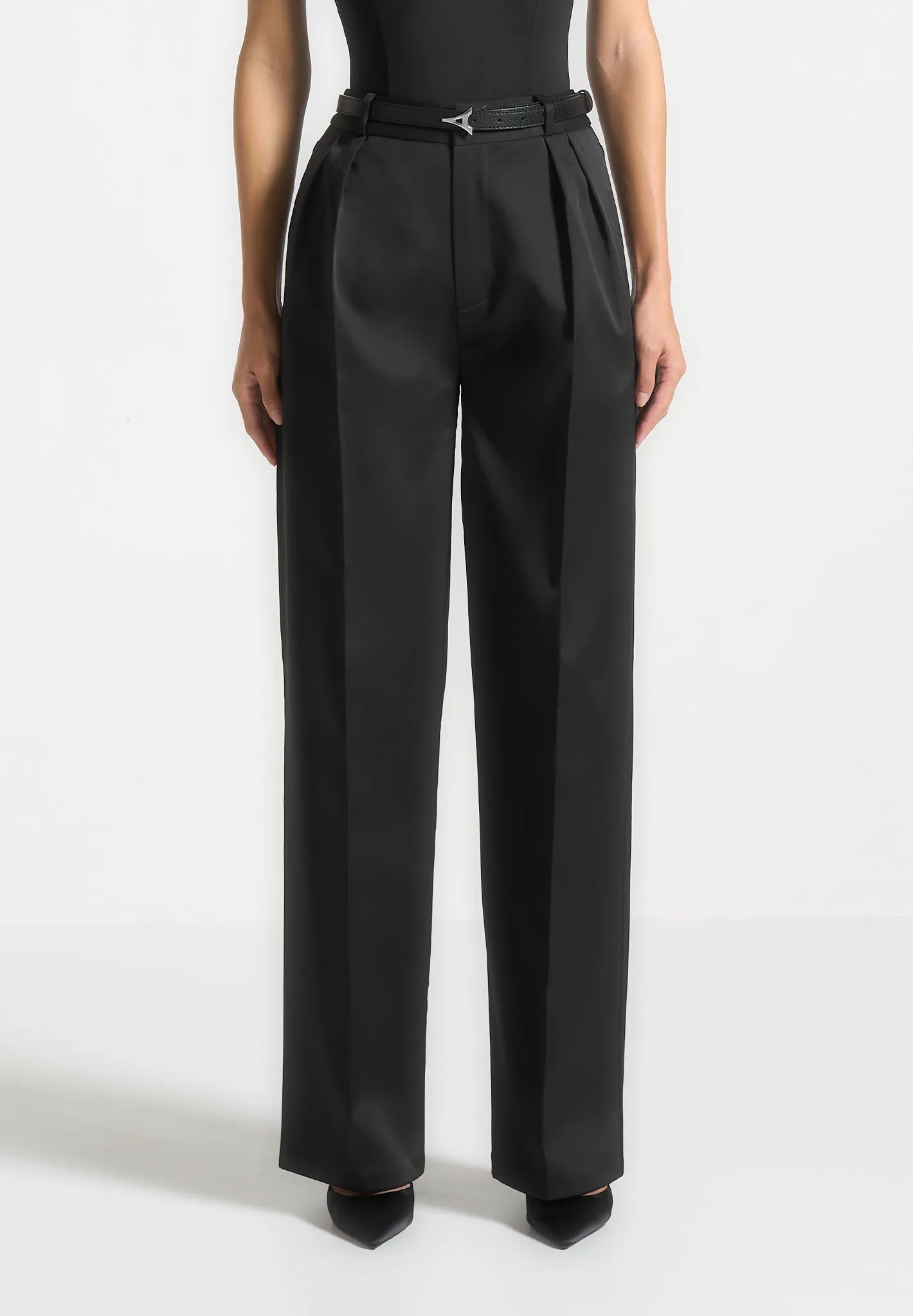 Sateen Twin Pleat Trousers - Black