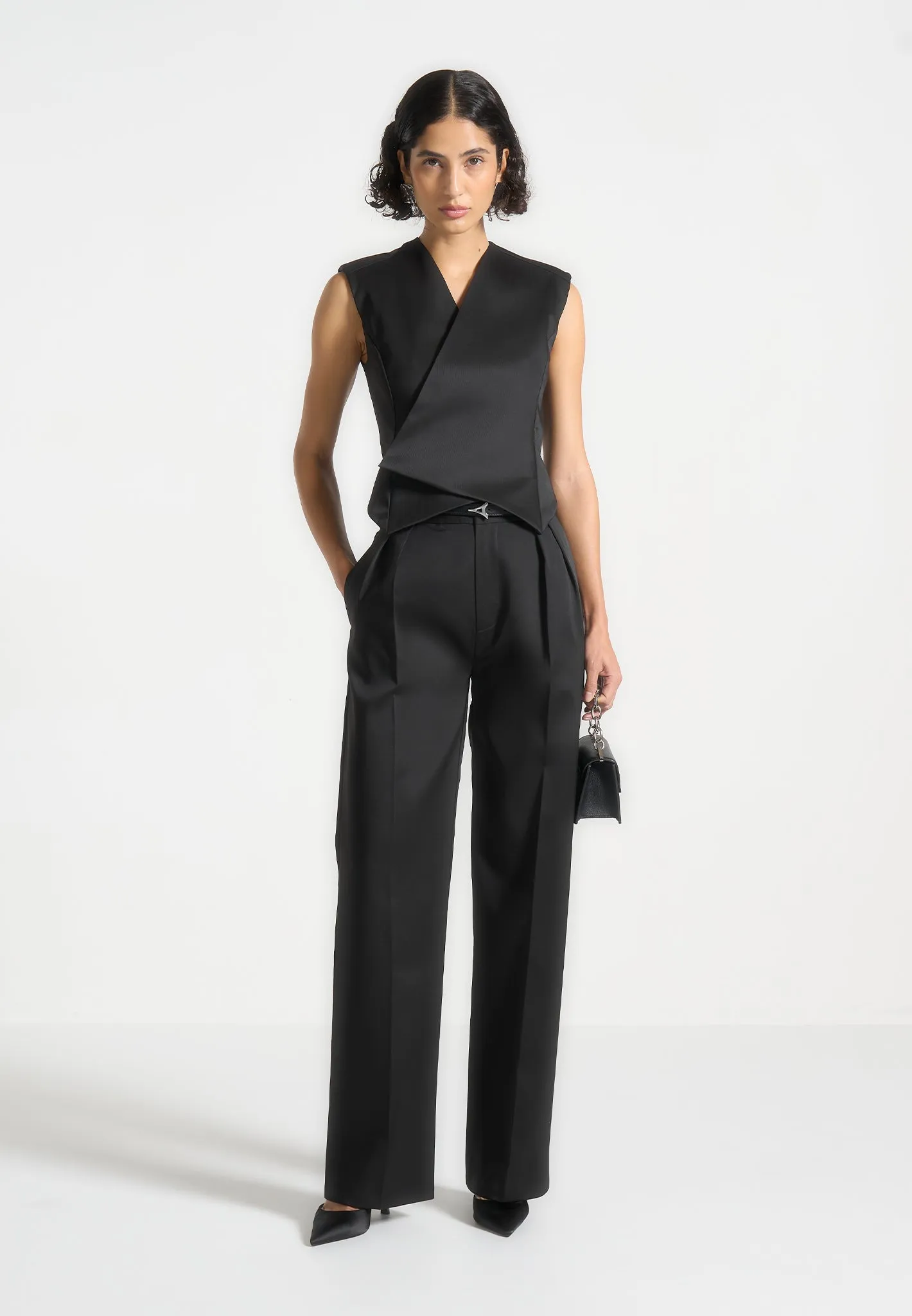 Sateen Twin Pleat Trousers - Black