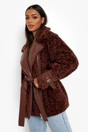 Teddy Faux Fur Belted Aviator Jacket