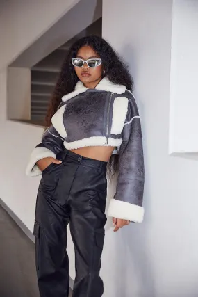 Teddy Trim Cropped Aviator Jacket