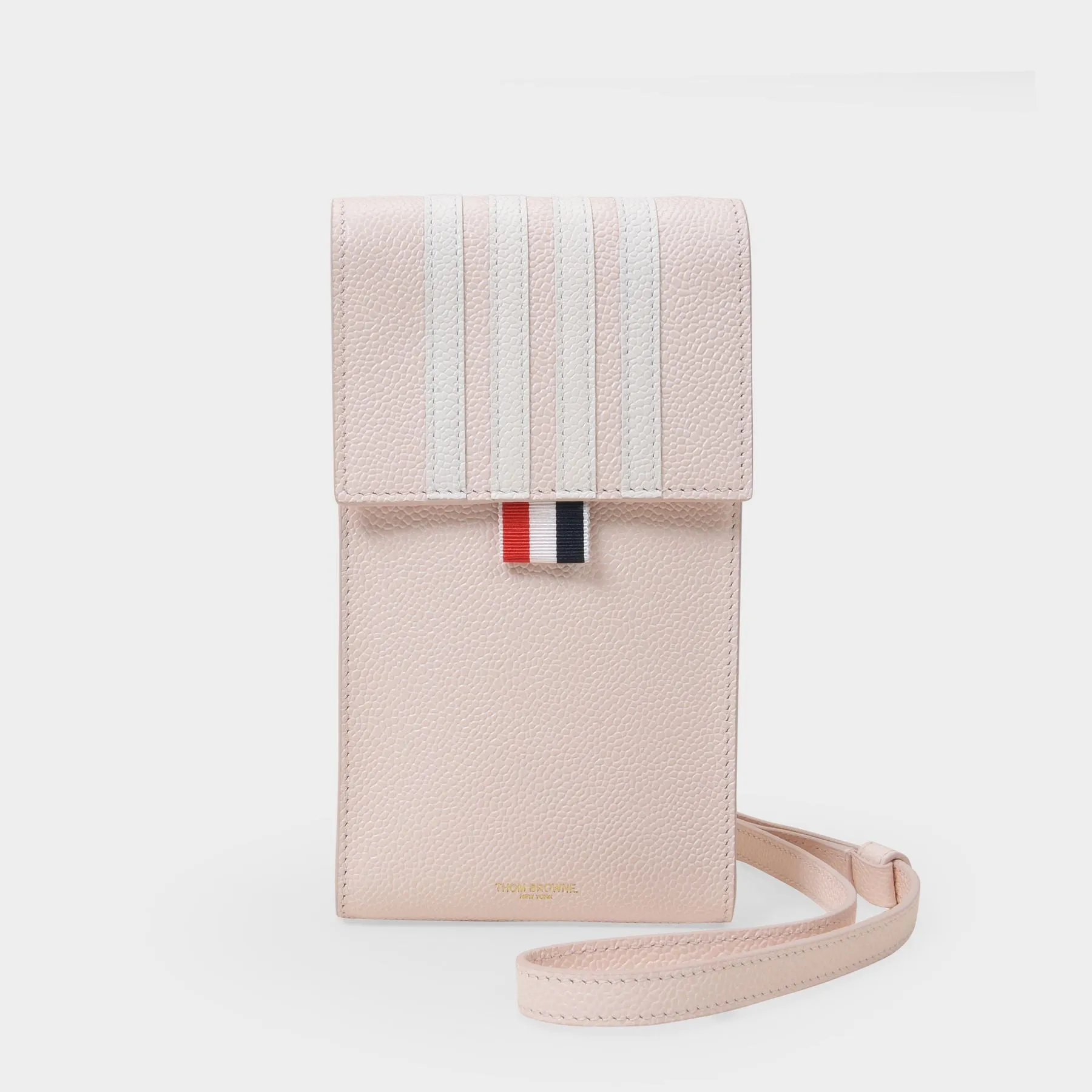 Thom Browne  Crossbody Phone Holder W/ Flap & 4Bar Applique In Pebble Grain Leather - L11  H20  W3 680 Lt Pink Tech