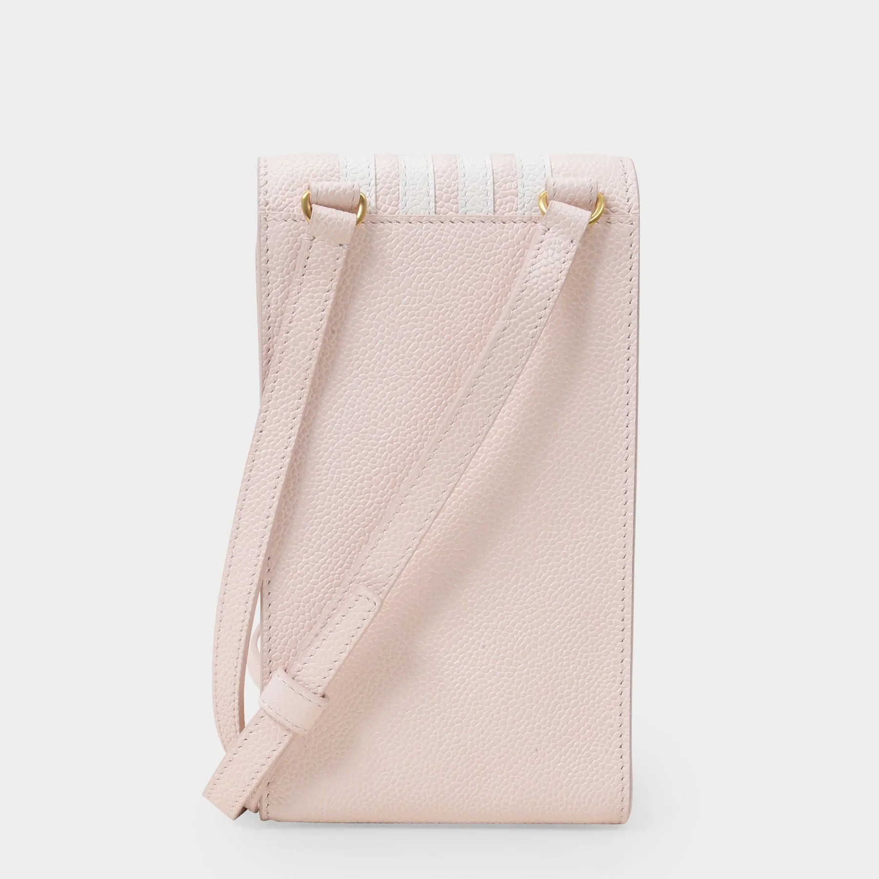 Thom Browne  Crossbody Phone Holder W/ Flap & 4Bar Applique In Pebble Grain Leather - L11  H20  W3 680 Lt Pink Tech