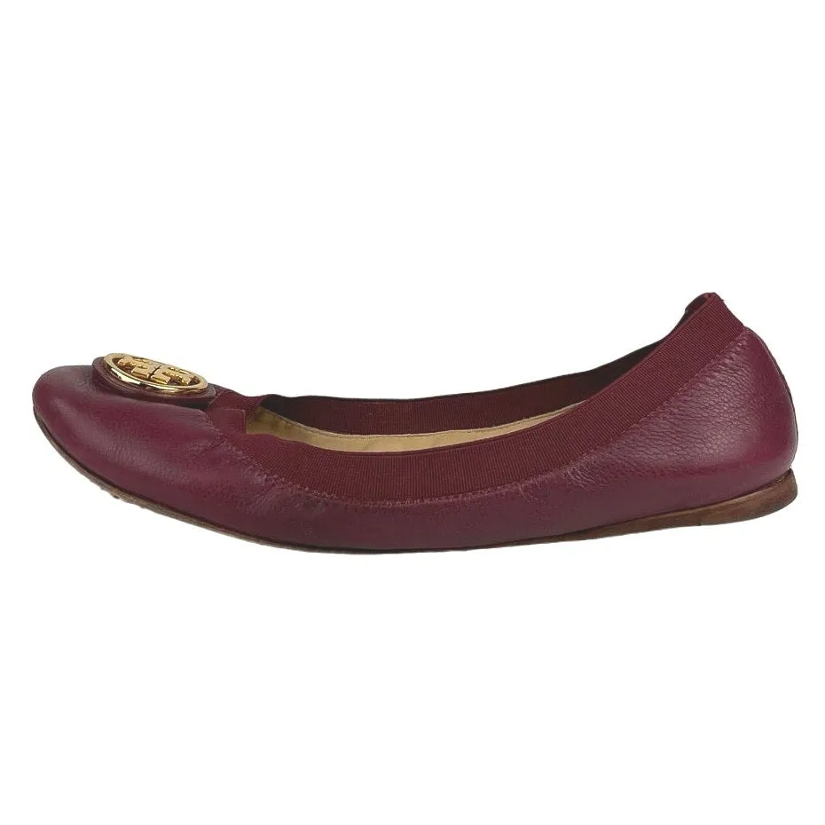 Tory Burch Caroline Maroon Red Leather Elastic Slip On Ballet Flats Shoes Sz 7M