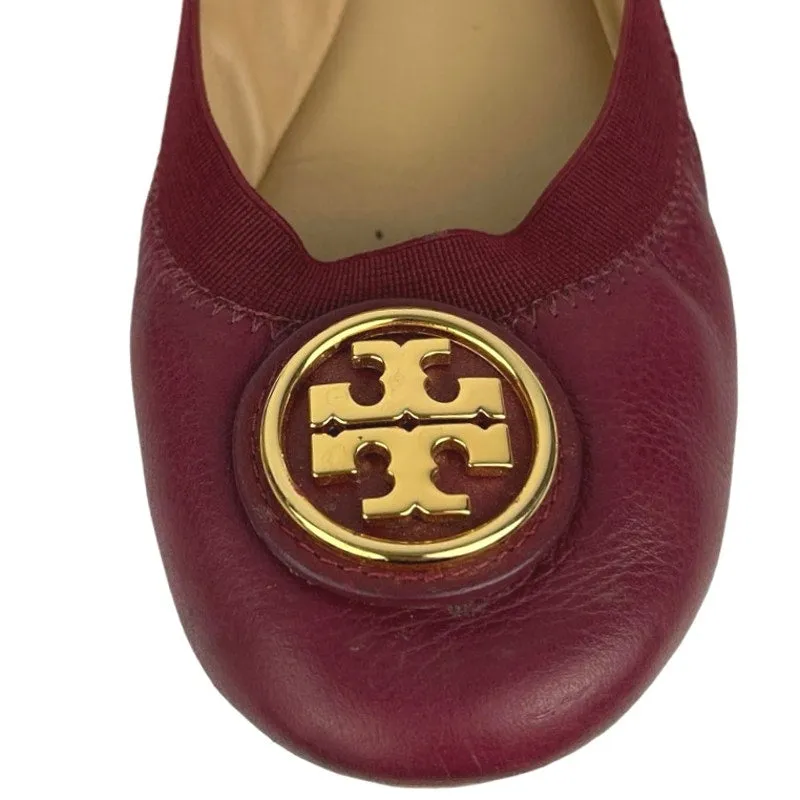 Tory Burch Caroline Maroon Red Leather Elastic Slip On Ballet Flats Shoes Sz 7M