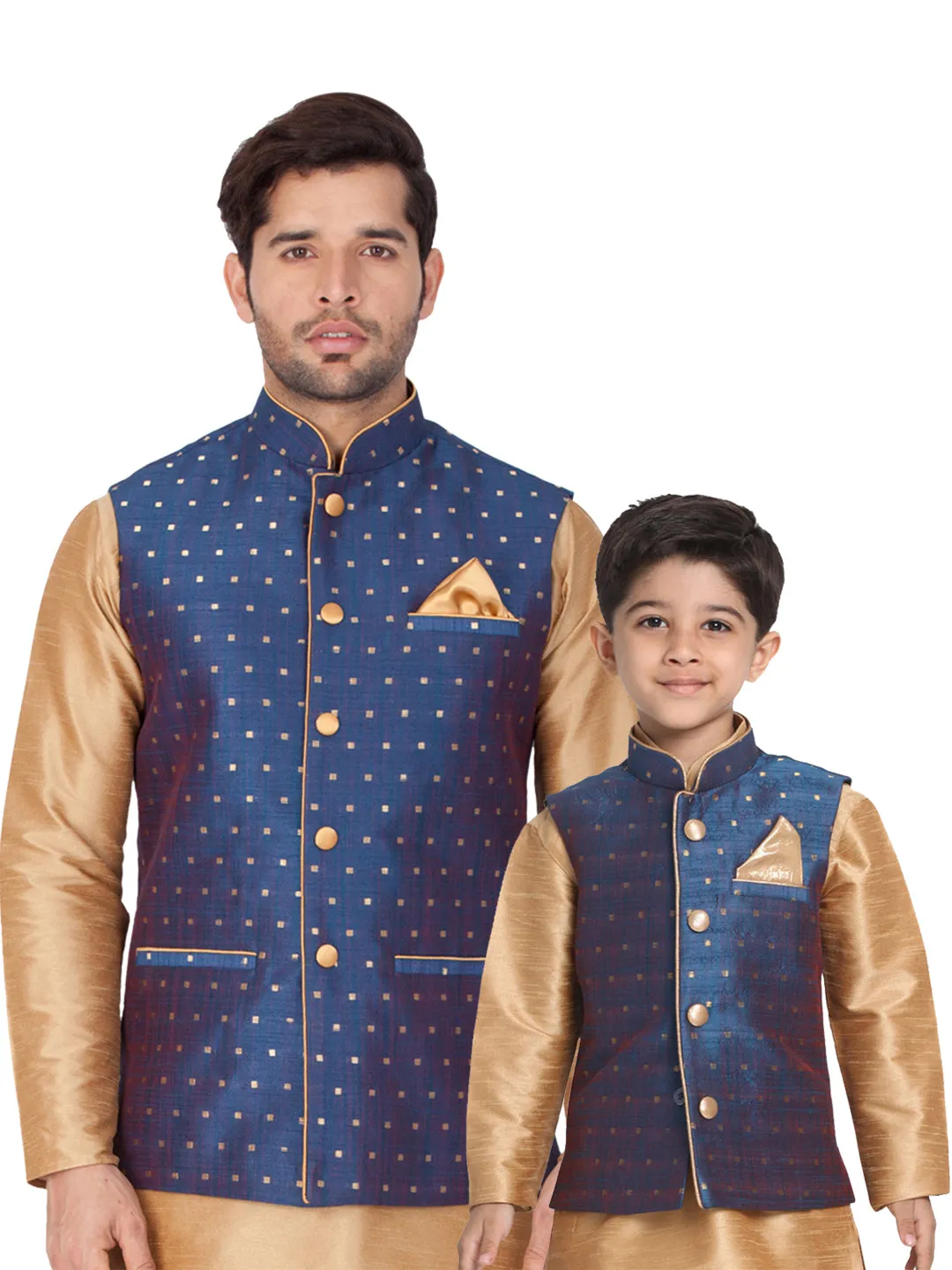 Vastramay Silk Blend Blue and Rose Gold Baap Beta Ethnic Jacket