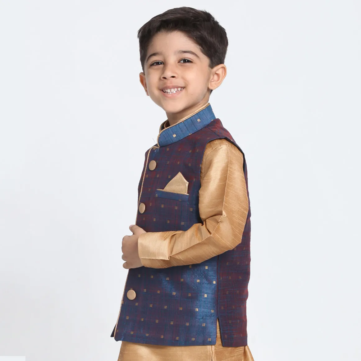 Vastramay Silk Blend Blue and Rose Gold Baap Beta Ethnic Jacket