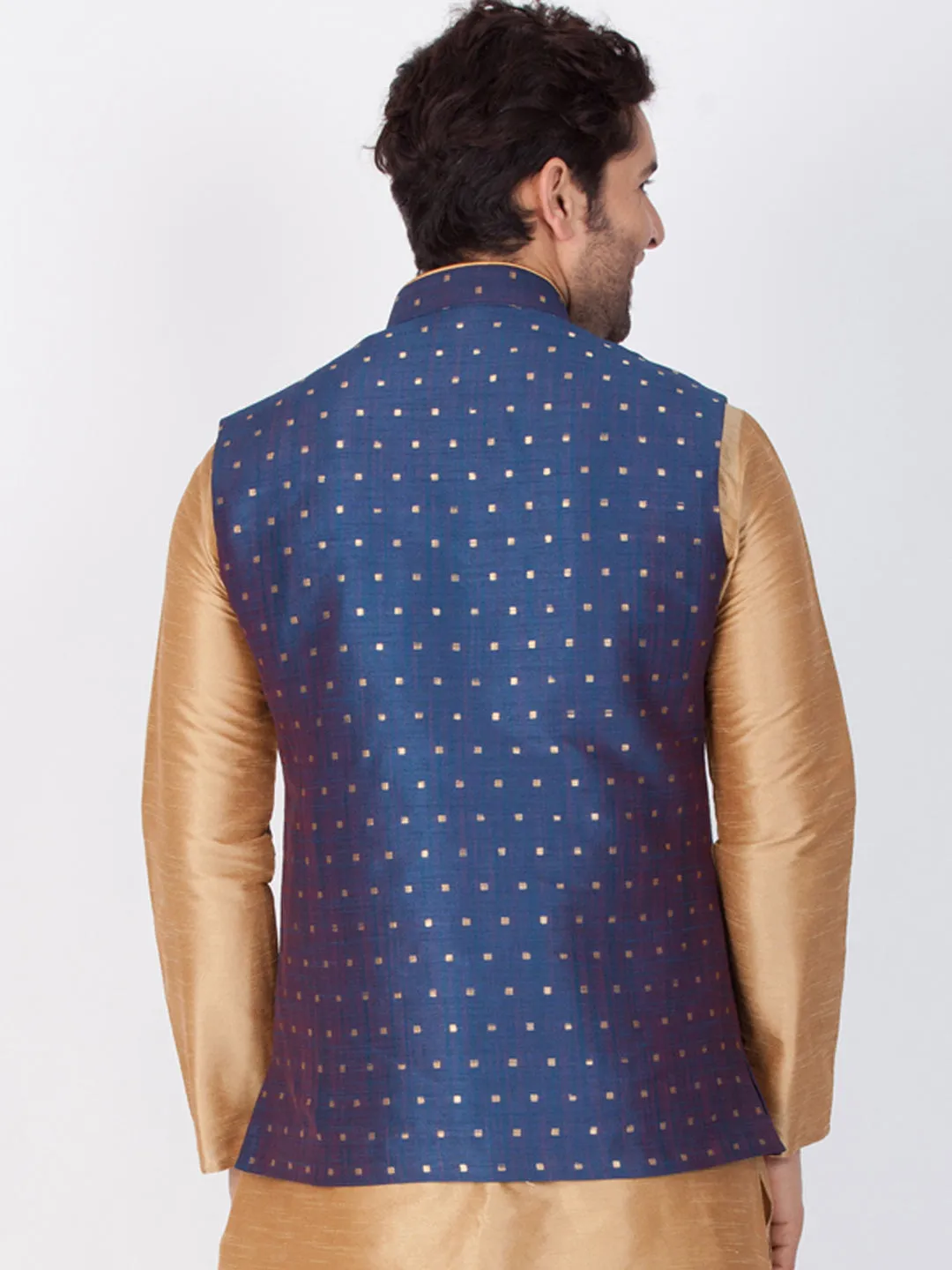 Vastramay Silk Blend Blue and Rose Gold Baap Beta Ethnic Jacket