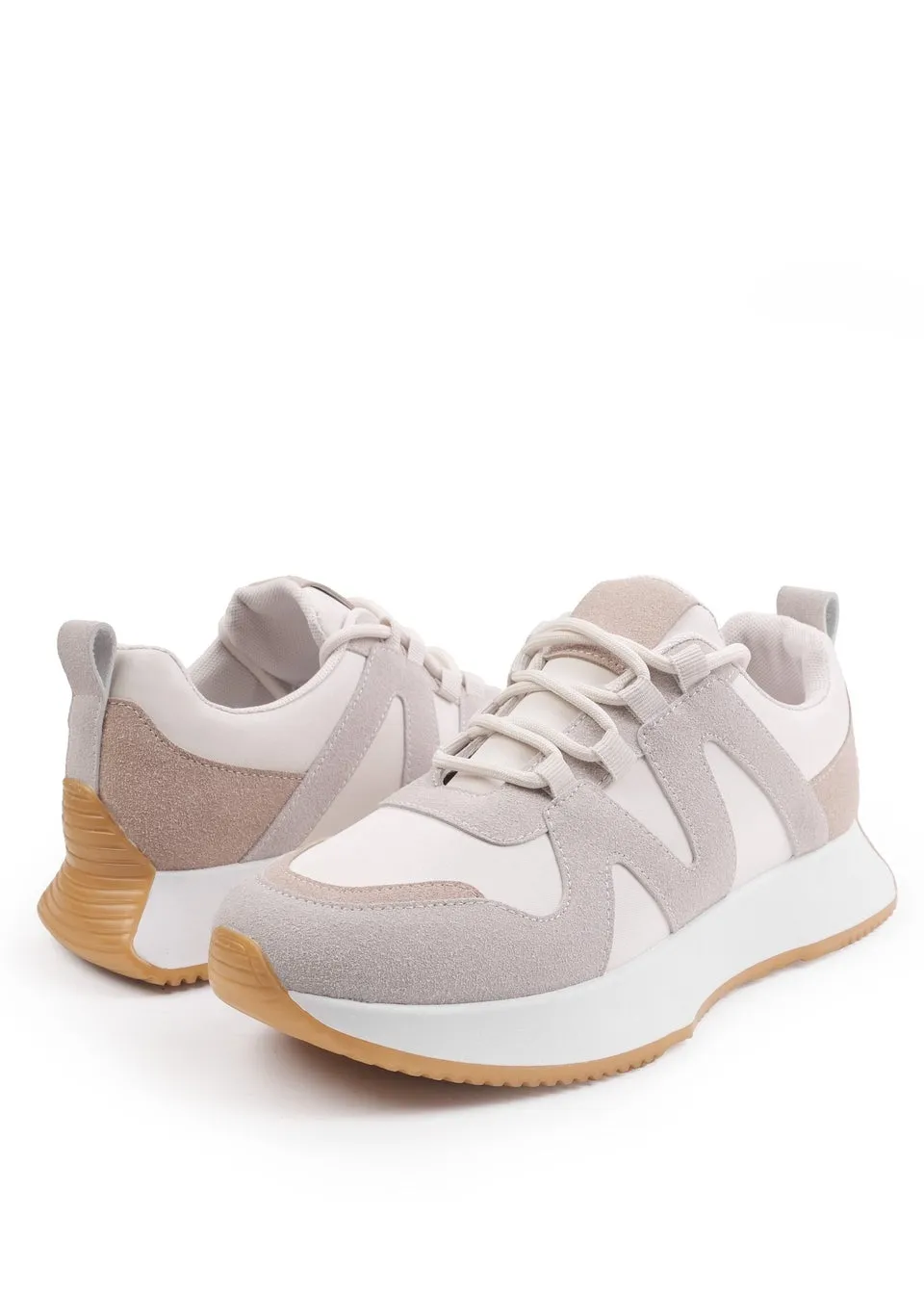 Where's That From Cream PU with Suede Detail Runner Trainers